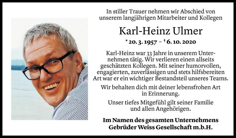  Todesanzeige für Karl-Heinz Ulmer vom 14.10.2020 aus Vorarlberger Nachrichten