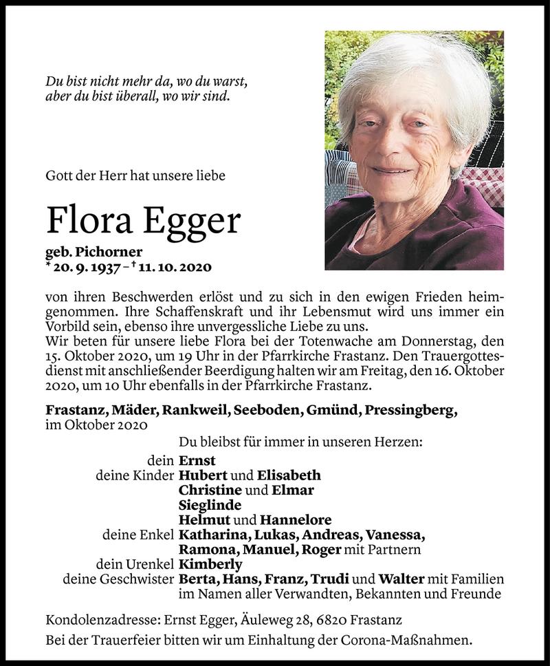  Todesanzeige für Flora Egger vom 13.10.2020 aus Vorarlberger Nachrichten