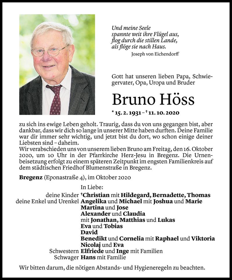  Todesanzeige für Bruno Höss vom 13.10.2020 aus Vorarlberger Nachrichten