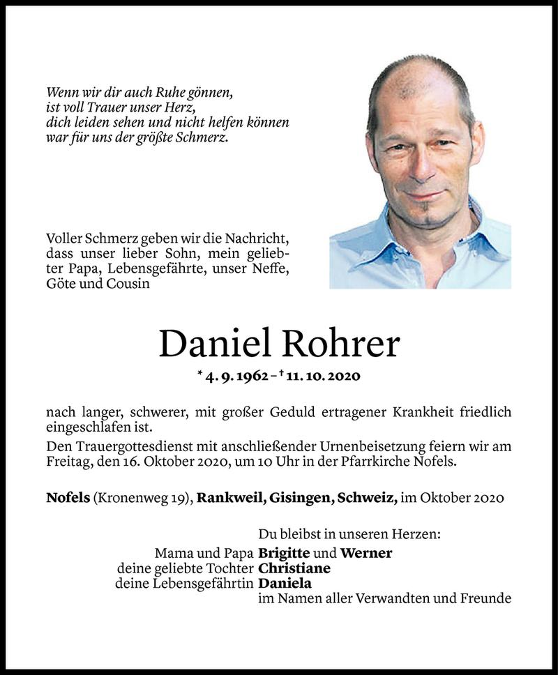  Todesanzeige für Daniel Rohrer vom 13.10.2020 aus Vorarlberger Nachrichten