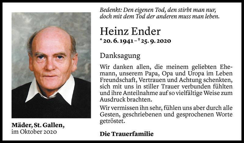  Todesanzeige für Heinz Ender vom 16.10.2020 aus Vorarlberger Nachrichten