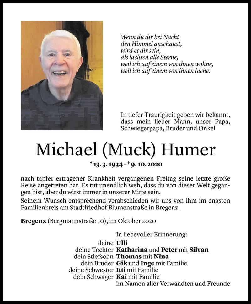  Todesanzeige für Michael Humer vom 14.10.2020 aus Vorarlberger Nachrichten