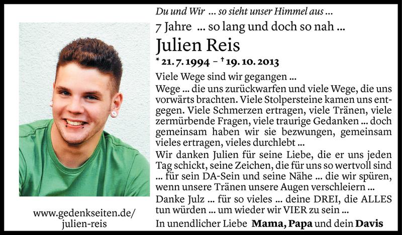  Todesanzeige für Julien Reis vom 18.10.2020 aus Vorarlberger Nachrichten