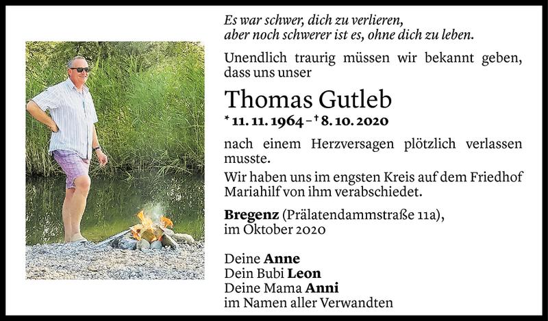  Todesanzeige für Thomas Gutleb vom 16.10.2020 aus Vorarlberger Nachrichten