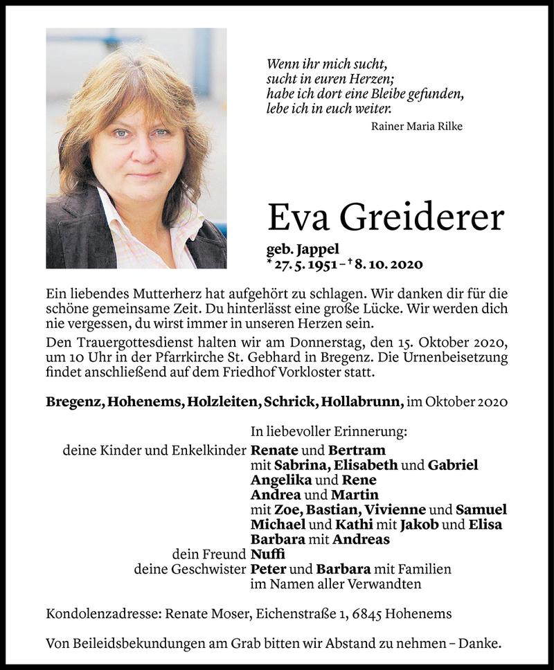  Todesanzeige für Eva Greiderer vom 14.10.2020 aus Vorarlberger Nachrichten