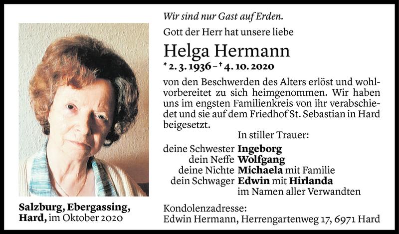  Todesanzeige für Helga Hermann vom 19.10.2020 aus Vorarlberger Nachrichten