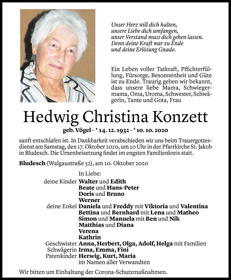  Todesanzeige für Hedwig Christina Konzett vom 14.10.2020 aus Vorarlberger Nachrichten