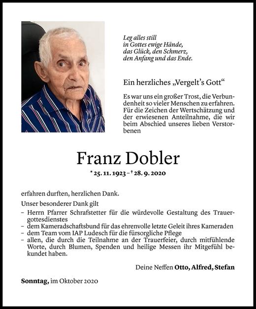 Todesanzeige von Franz Dobler von Vorarlberger Nachrichten
