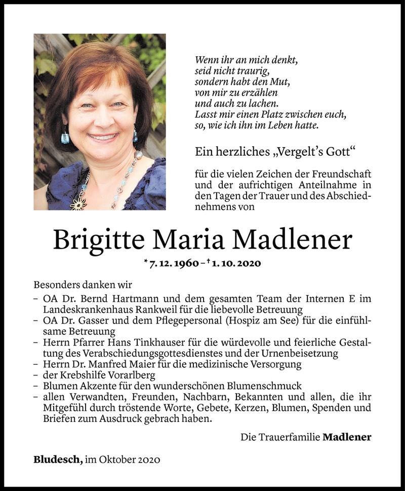  Todesanzeige für Brigitte Maria Madlener vom 16.10.2020 aus Vorarlberger Nachrichten