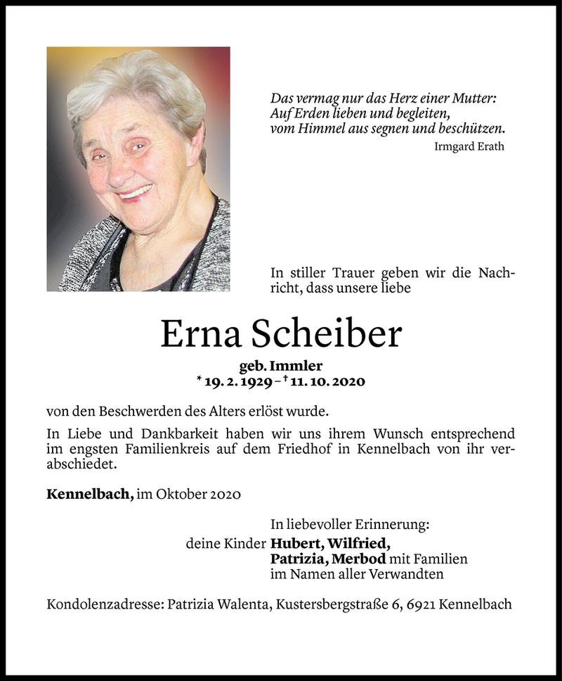  Todesanzeige für Erna Scheiber vom 24.10.2020 aus Vorarlberger Nachrichten