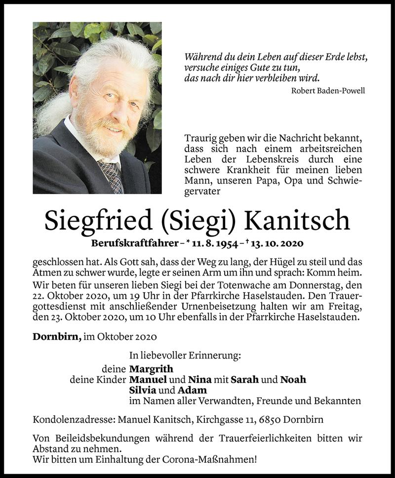  Todesanzeige für Siegfried Kanitsch vom 16.10.2020 aus Vorarlberger Nachrichten