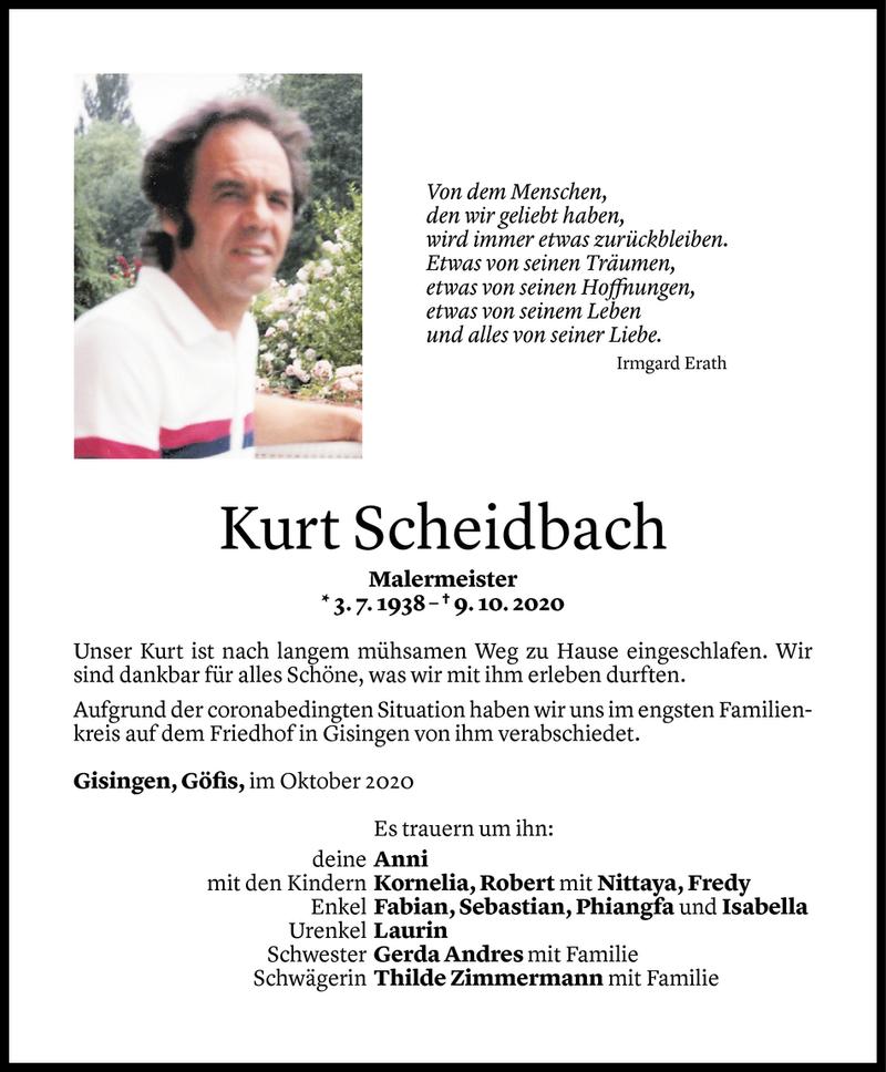  Todesanzeige für Kurt Scheidbach vom 18.10.2020 aus Vorarlberger Nachrichten