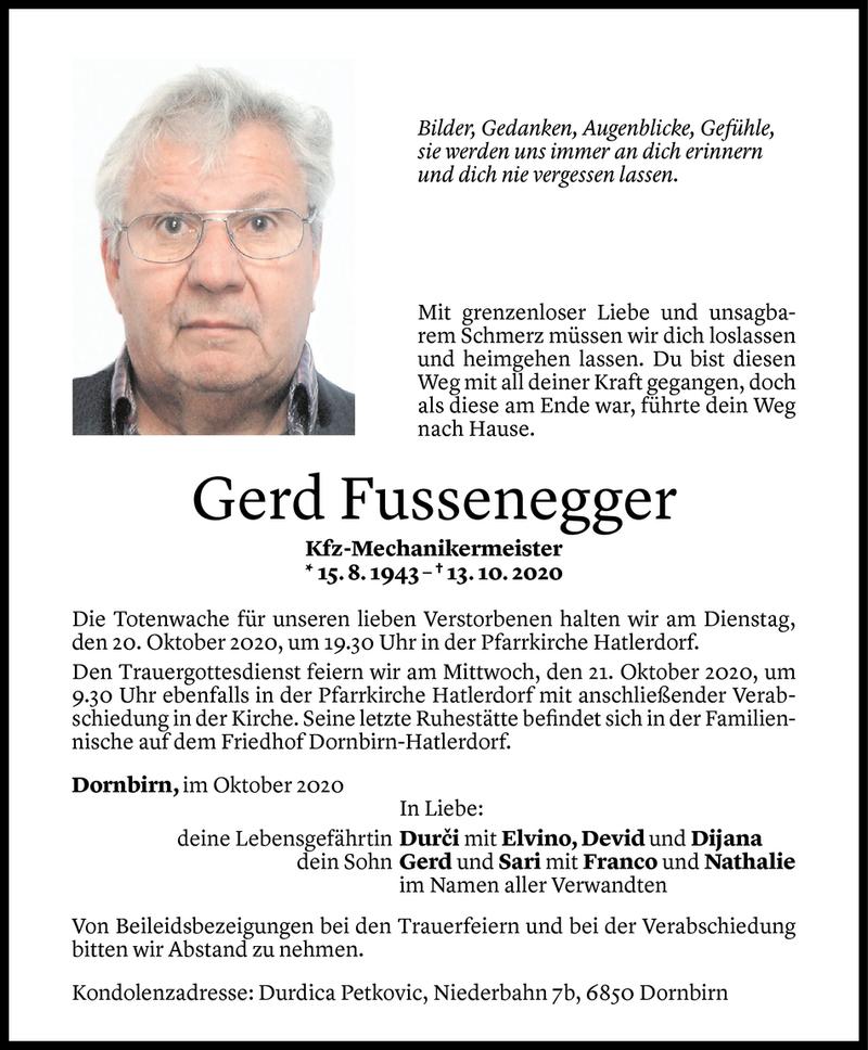  Todesanzeige für Gert Fussenegger vom 16.10.2020 aus Vorarlberger Nachrichten