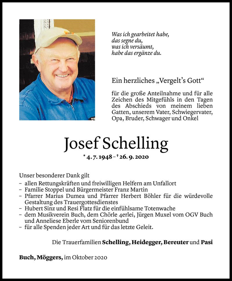  Todesanzeige für Josef Schelling vom 16.10.2020 aus Vorarlberger Nachrichten