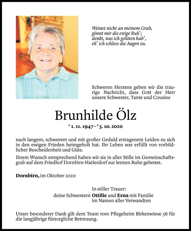  Todesanzeige für Brunhilde Ölz vom 17.10.2020 aus Vorarlberger Nachrichten