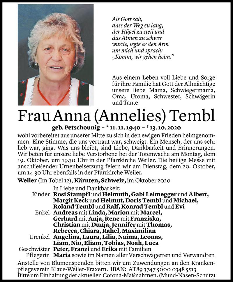  Todesanzeige für Anna Tembl vom 17.10.2020 aus Vorarlberger Nachrichten