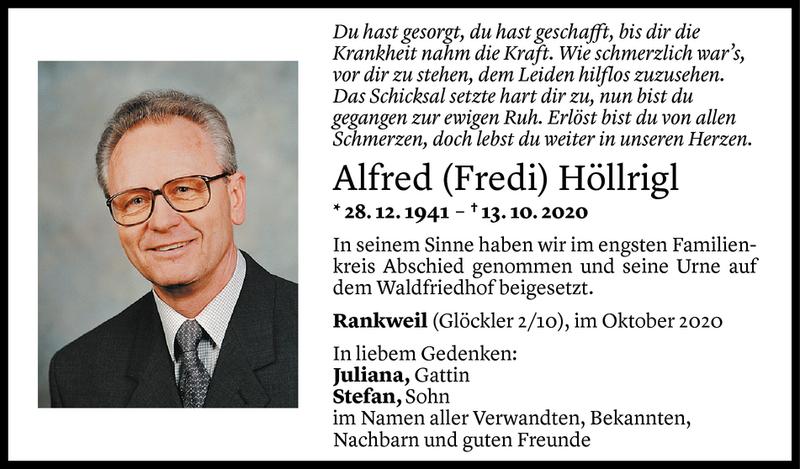  Todesanzeige für Alfred Höllrigl vom 21.10.2020 aus Vorarlberger Nachrichten