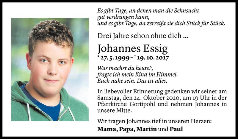  Todesanzeige für Johannes Essig vom 18.10.2020 aus Vorarlberger Nachrichten