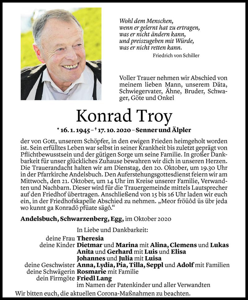  Todesanzeige für Konrad Troy vom 18.10.2020 aus Vorarlberger Nachrichten