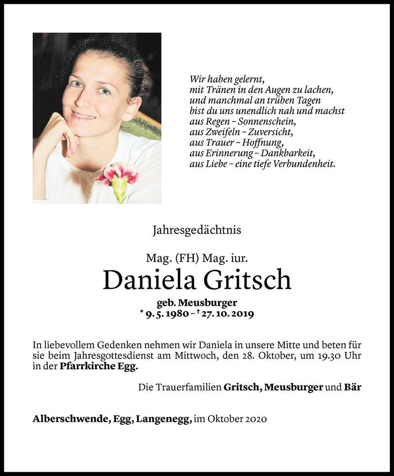  Todesanzeige für Daniela Gritsch vom 26.10.2020 aus Vorarlberger Nachrichten