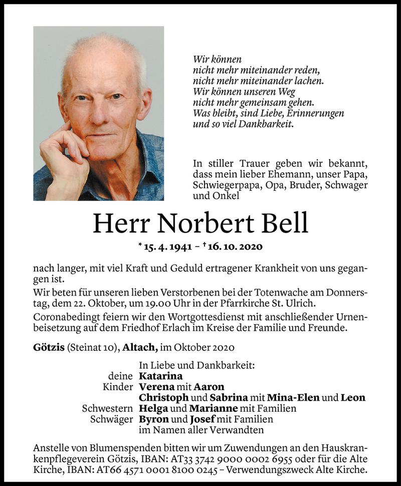  Todesanzeige für Norbert Bell vom 20.10.2020 aus Vorarlberger Nachrichten