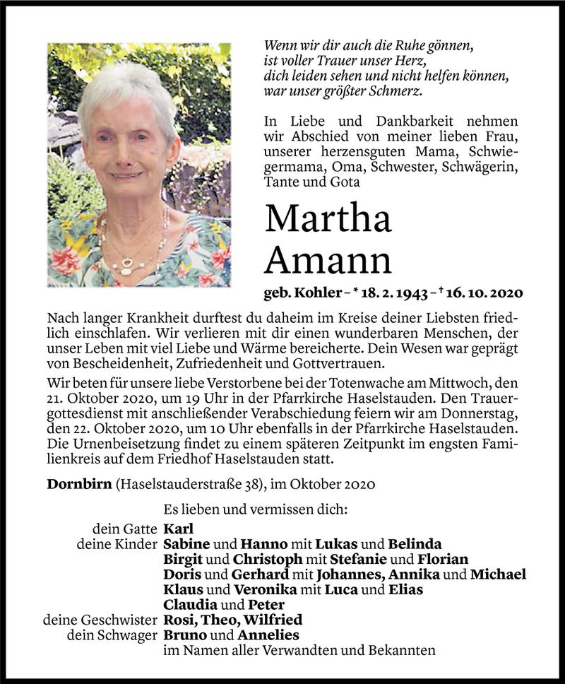  Todesanzeige für Martha Amann vom 19.10.2020 aus Vorarlberger Nachrichten