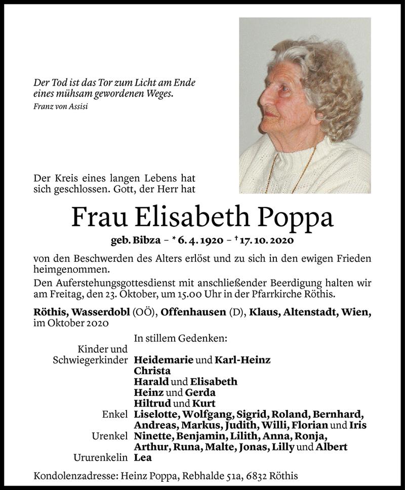  Todesanzeige für Elisabeth Poppa vom 21.10.2020 aus Vorarlberger Nachrichten