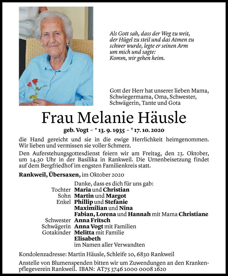  Todesanzeige für Melanie Häusle vom 21.10.2020 aus Vorarlberger Nachrichten