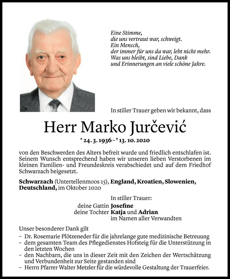  Todesanzeige für Marco Jurcevic vom 21.10.2020 aus Vorarlberger Nachrichten