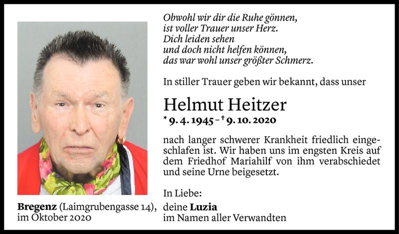  Todesanzeige für Helmut Heitzer vom 22.10.2020 aus Vorarlberger Nachrichten