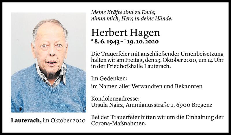  Todesanzeige für Herbert Hagen vom 20.10.2020 aus Vorarlberger Nachrichten