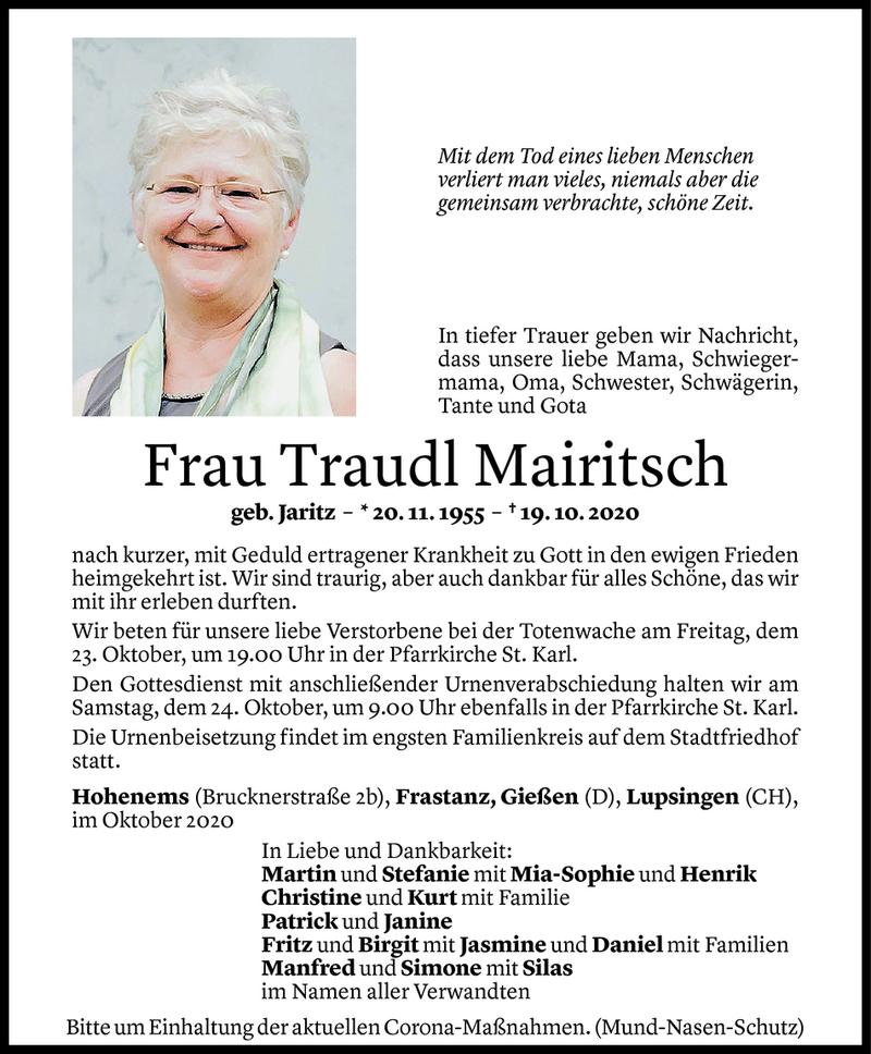  Todesanzeige für Traudl Mairitsch vom 22.10.2020 aus Vorarlberger Nachrichten