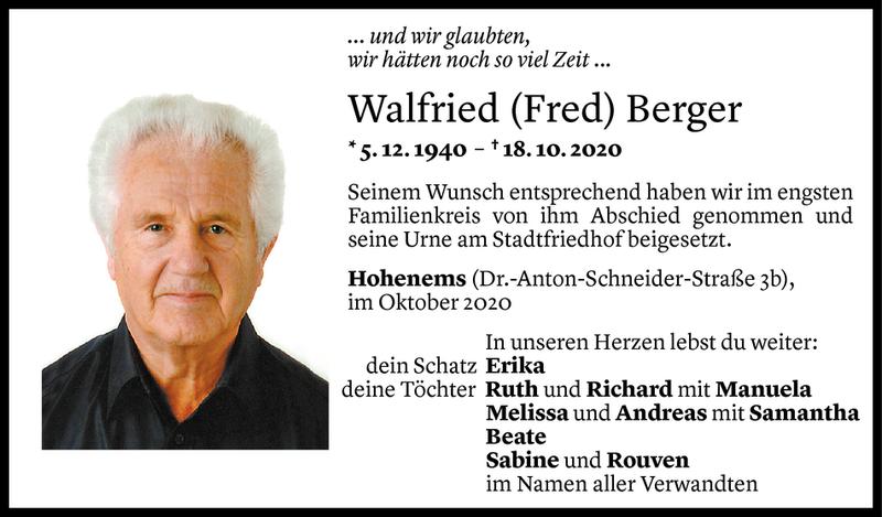  Todesanzeige für Walfried Berger vom 24.10.2020 aus Vorarlberger Nachrichten