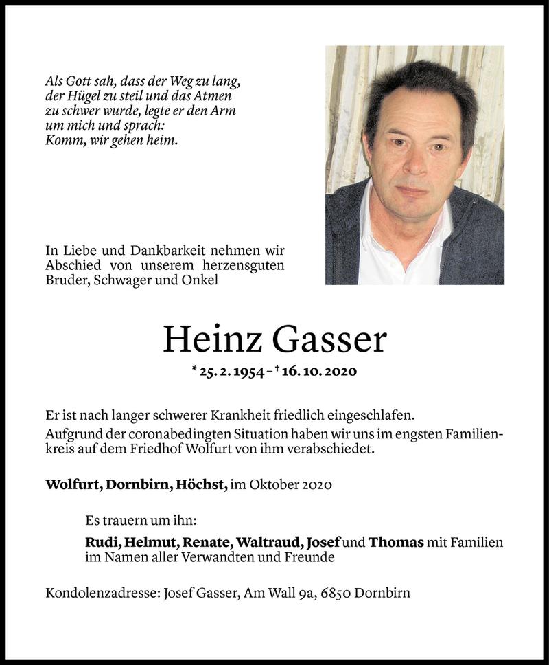  Todesanzeige für Heinz Gasser vom 23.10.2020 aus Vorarlberger Nachrichten