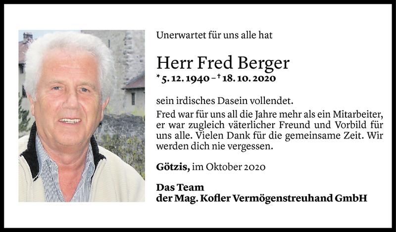  Todesanzeige für Walfried Berger vom 24.10.2020 aus Vorarlberger Nachrichten