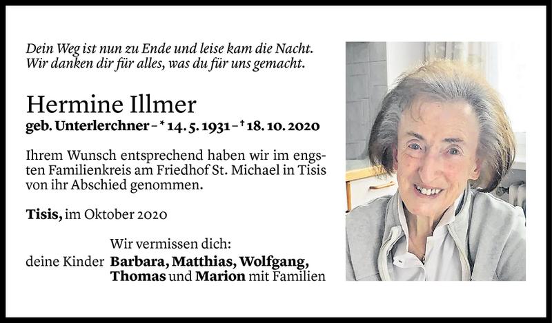  Todesanzeige für Hermine Illmer vom 24.10.2020 aus Vorarlberger Nachrichten