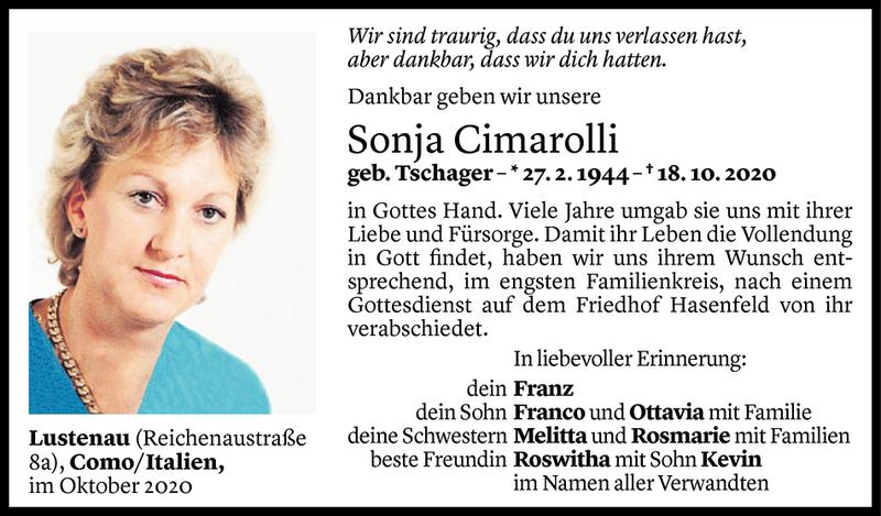  Todesanzeige für Sonja Cimarolli vom 24.10.2020 aus Vorarlberger Nachrichten