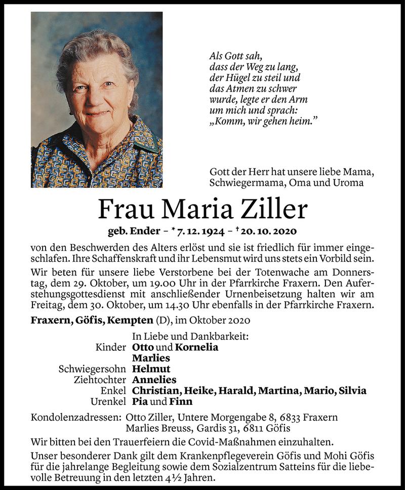  Todesanzeige für Maria Ziller vom 24.10.2020 aus Vorarlberger Nachrichten