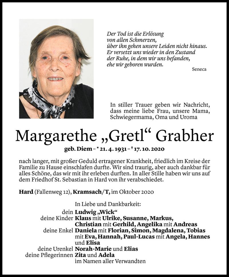  Todesanzeige für Margarethe Grabher vom 28.10.2020 aus Vorarlberger Nachrichten