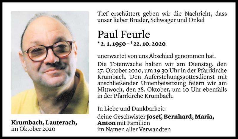  Todesanzeige für Paul Feurle vom 23.10.2020 aus Vorarlberger Nachrichten