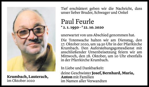 Todesanzeige von Paul Feurle von Vorarlberger Nachrichten