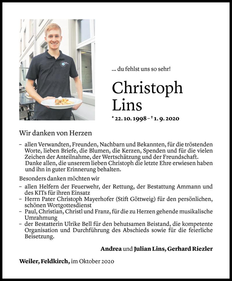  Todesanzeige für Christoph Lins vom 23.10.2020 aus Vorarlberger Nachrichten