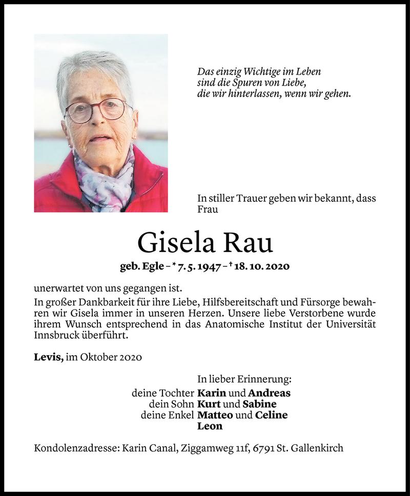  Todesanzeige für Gisela Rau vom 24.10.2020 aus Vorarlberger Nachrichten