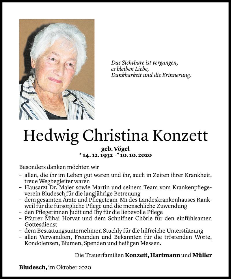  Todesanzeige für Hedwig Christina Konzett vom 23.10.2020 aus Vorarlberger Nachrichten