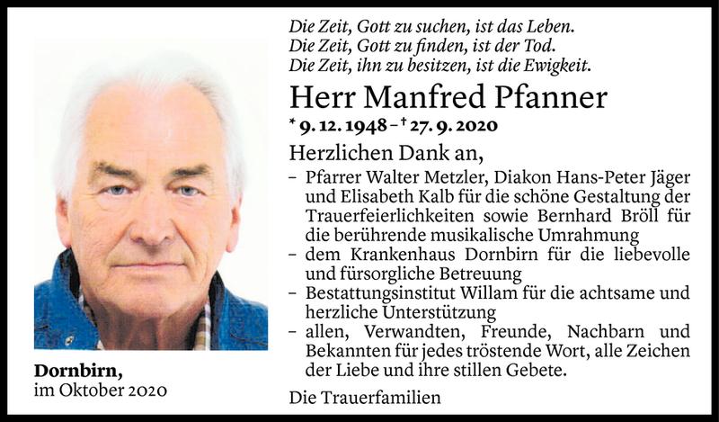  Todesanzeige für Manfred Pfanner vom 24.10.2020 aus Vorarlberger Nachrichten
