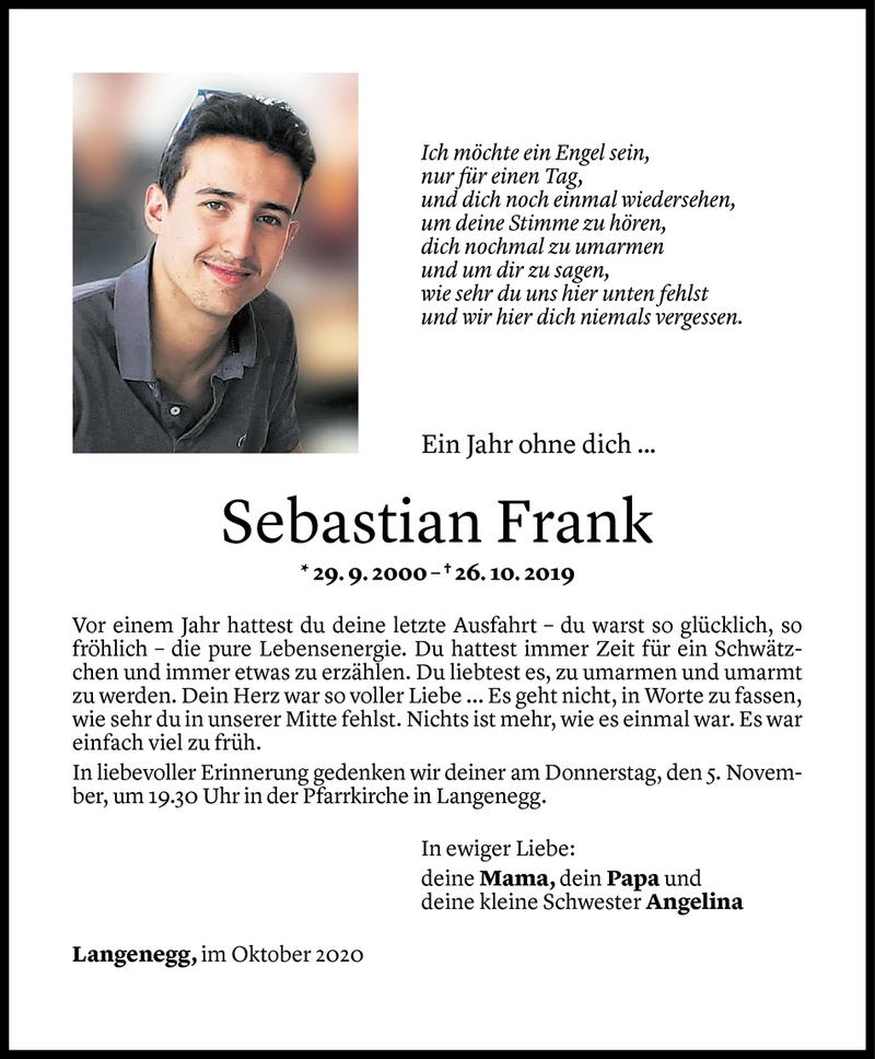  Todesanzeige für Sebastian Frank vom 23.10.2020 aus Vorarlberger Nachrichten