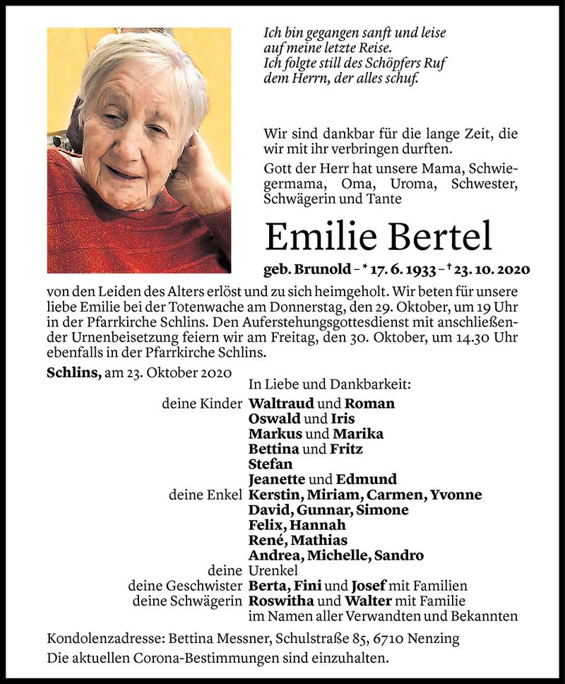  Todesanzeige für Emilie Bertel vom 26.10.2020 aus Vorarlberger Nachrichten
