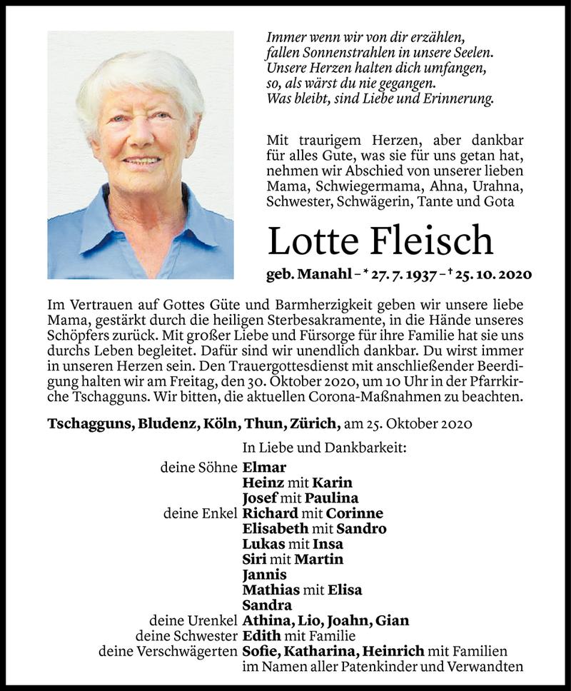  Todesanzeige für Lotte Fleisch vom 26.10.2020 aus Vorarlberger Nachrichten