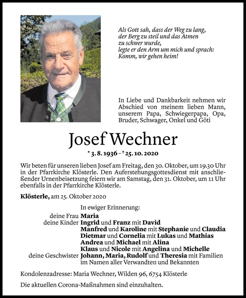  Todesanzeige für Josef Wechner vom 27.10.2020 aus Vorarlberger Nachrichten