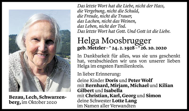  Todesanzeige für Helga Moosbrugger vom 28.10.2020 aus Vorarlberger Nachrichten